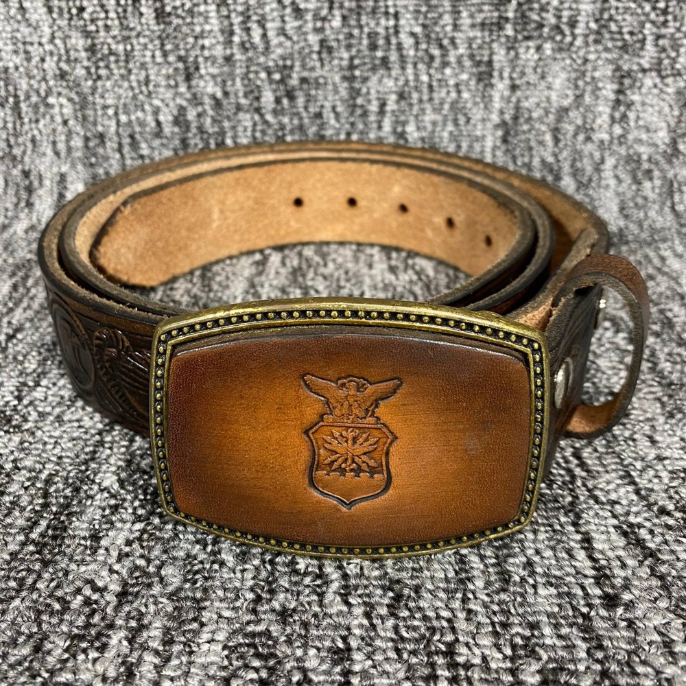 VTG USAF Air Force Crest Leather Belt Buckle Alumaline USA Tooled Eagle Brown